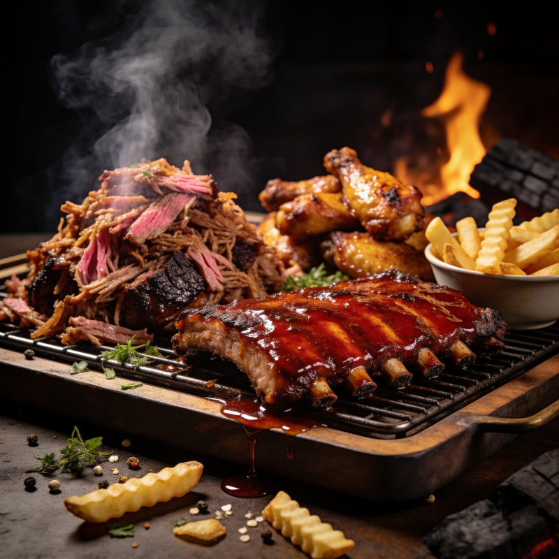 Hot Buys category — loaded backyard BBQ spread of pulled beef, glazed ribs, glossy wings and fries over live fire, no packaging lifestyle photo