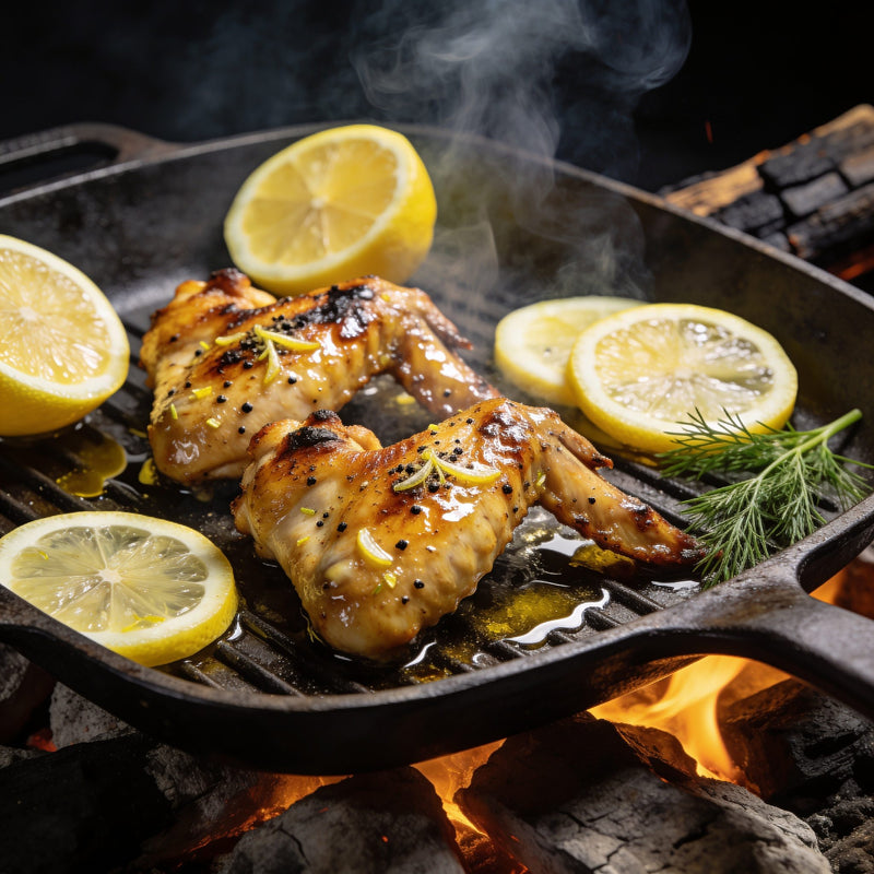 Char-grilled lemon pepper chicken wings with fresh lemon lifestyle photo