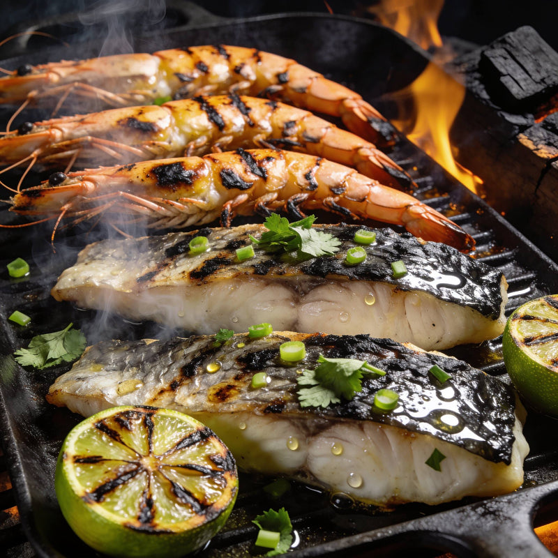 Lime category lifestyle photo - grilled prawns and fish with charred lime lifestyle photo