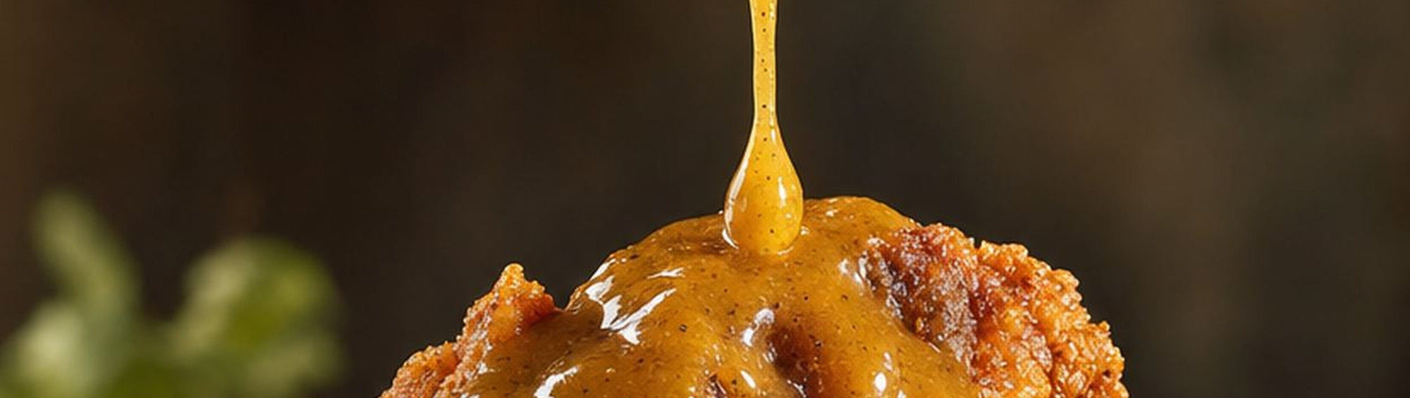 Little Brixton Sweet Mustard drizzled over a crispy golden chicken burger, Jamaican habanero mustard sauce