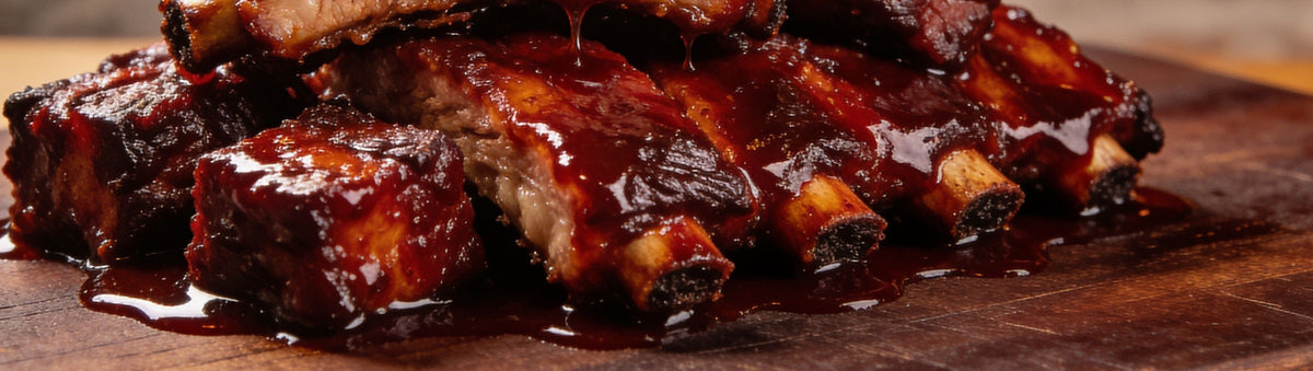Meat Mitch WHOMP! Competition BBQ Sauce with glazed Kansas City burnt ends and ribs, sweet-heat competition barbecue sauce