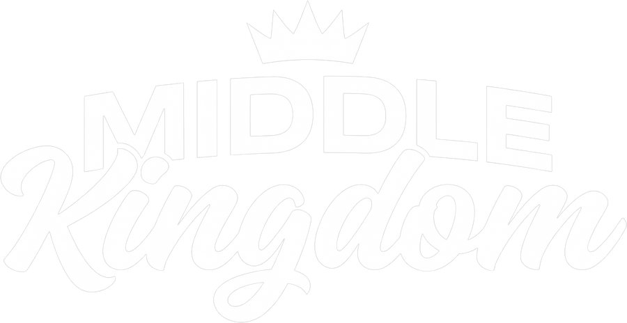 Middle Kingdom brand logo, gold crown above a 3D gold script wordmark, on transparent background