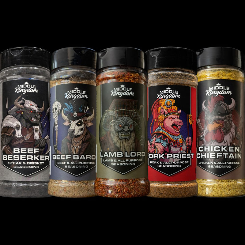 The Middle Kingdom range — five BBQ rub shakers: Beef Berserker, Beef Baron, Lamb Lord, Pork Priest and Chicken Chieftain lifestyle photo
