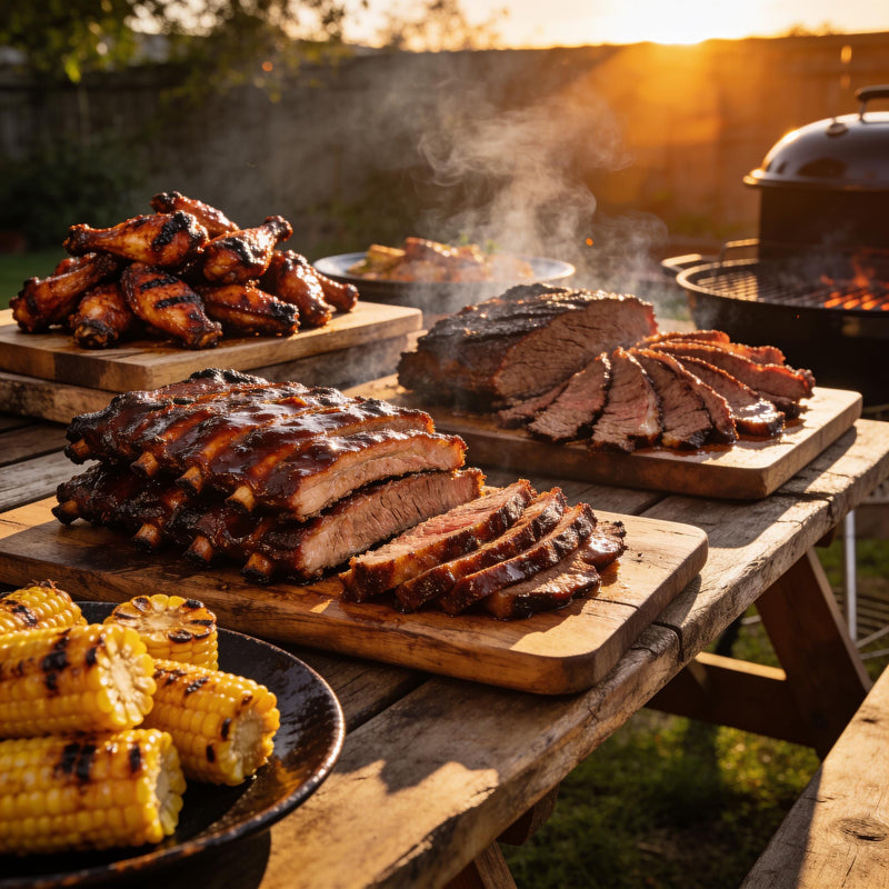 A loaded backyard BBQ spread of glazed ribs, wings and sliced brisket at golden hour, representing The Rub Hub's live On Sale discounts lifestyle photo