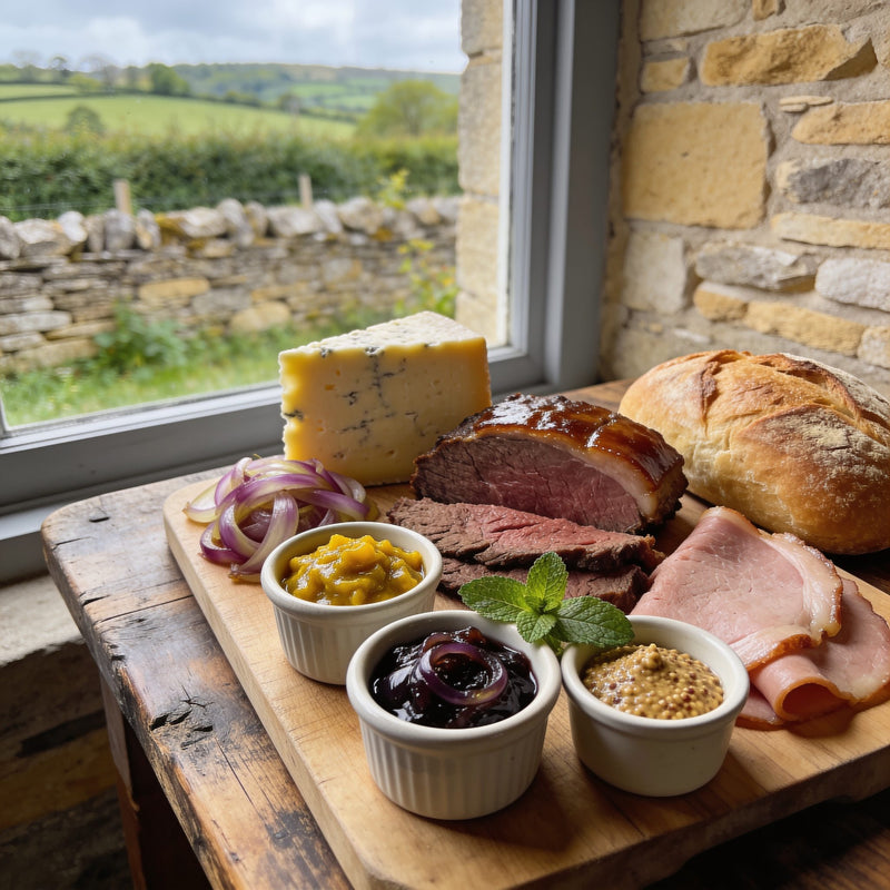 English ploughman's board with piccalilli, chutney and mustard lifestyle photo
