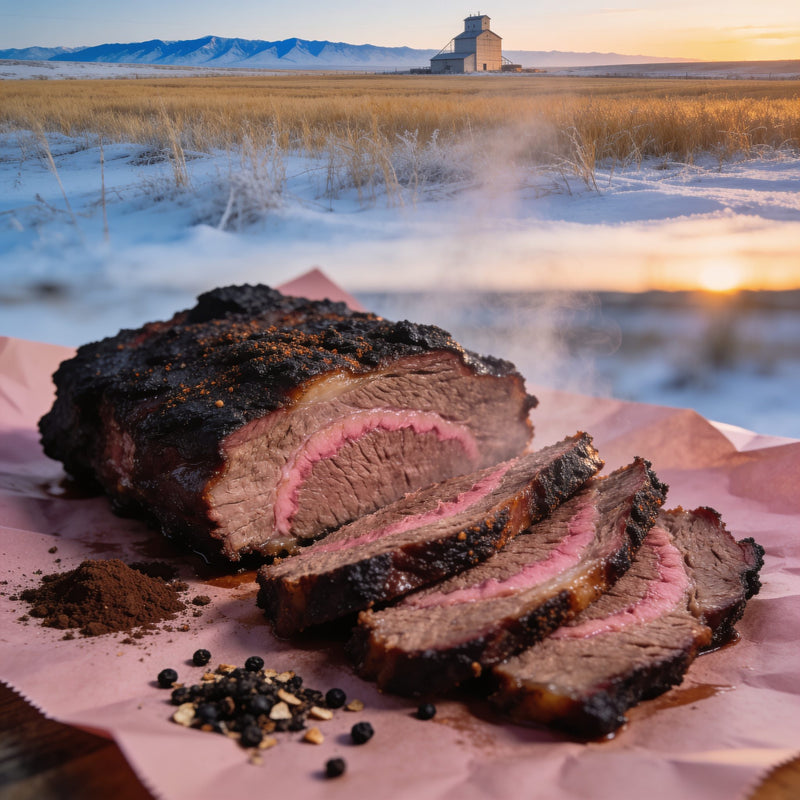 Coffee-rubbed smoked brisket on butcher paper at a Canadian prairie dawn lifestyle photo