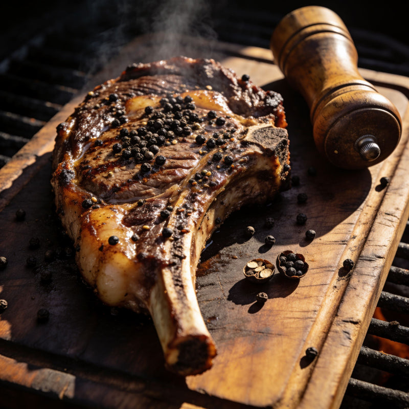 Cracked black pepper crusted steak with a wooden pepper mill and whole peppercorns lifestyle photo