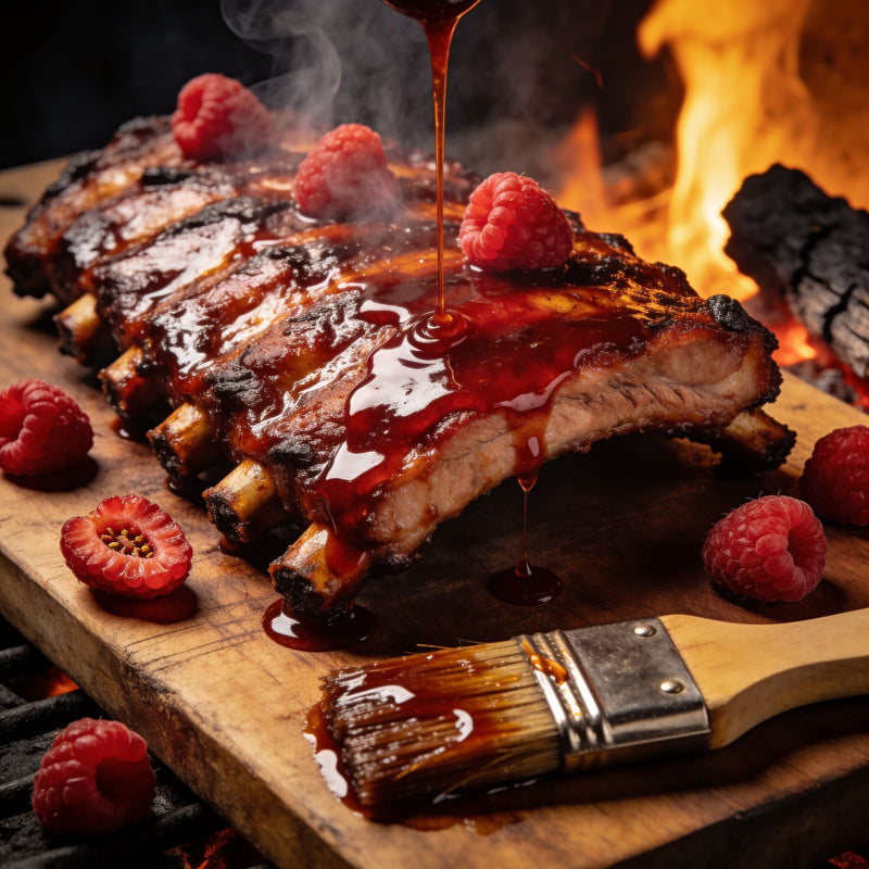 Raspberry-glazed pork ribs with fresh raspberries lifestyle photo
