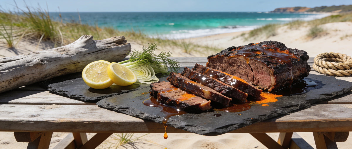 Rum and Que Umami Port & Black Garlic Sauce banner — sliced smoked beef brisket on a wood board
