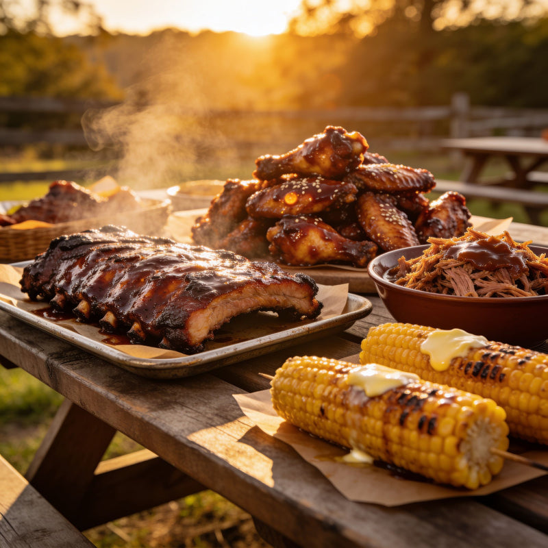 Runout lifestyle photo - loaded backyard BBQ spread lifestyle photo