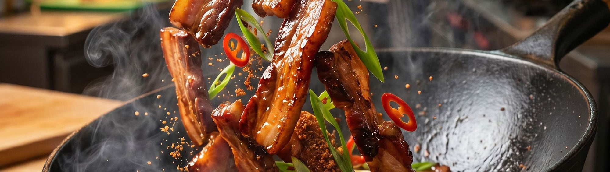 Smokes Seasoning Asian Spice BBQ Rub beside char siu pork tossed mid-air in a wok with chilli and spring onion, five-spice barbecue rub