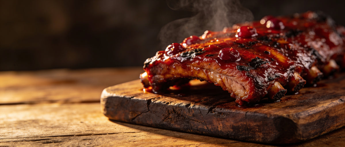 Smokes Seasoning Cherry Chipotle BBQ Rub beside glazed pork ribs glistening on the smoker, sweet cherry chipotle barbecue rub
