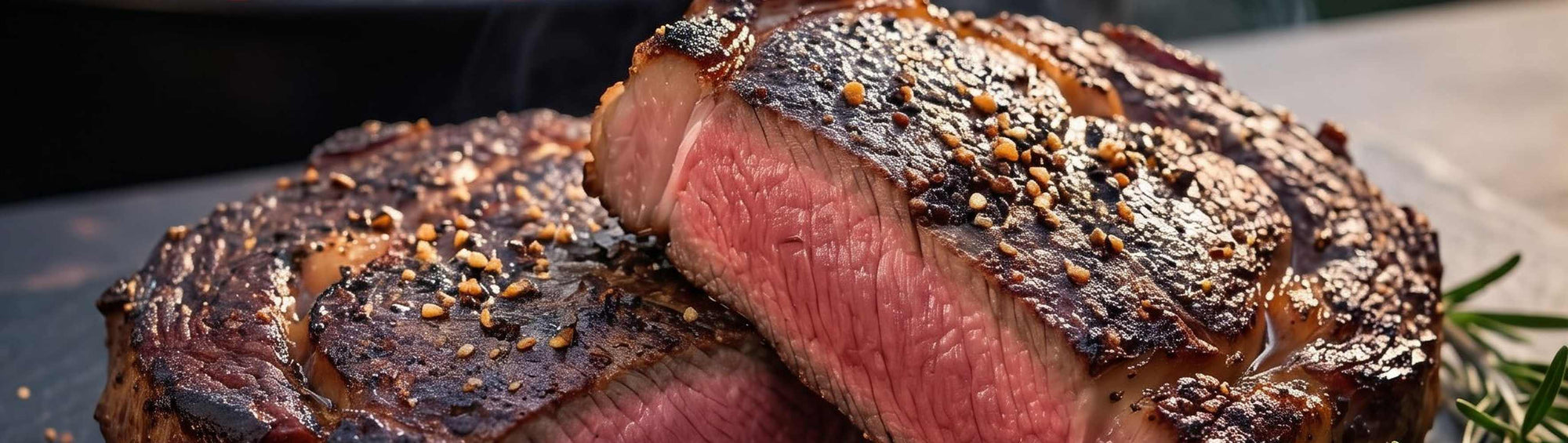 Smokes Seasoning Chipotle Salt beside a seared, pepper-crusted steak sliced to a juicy pink centre, smoky chipotle finishing salt