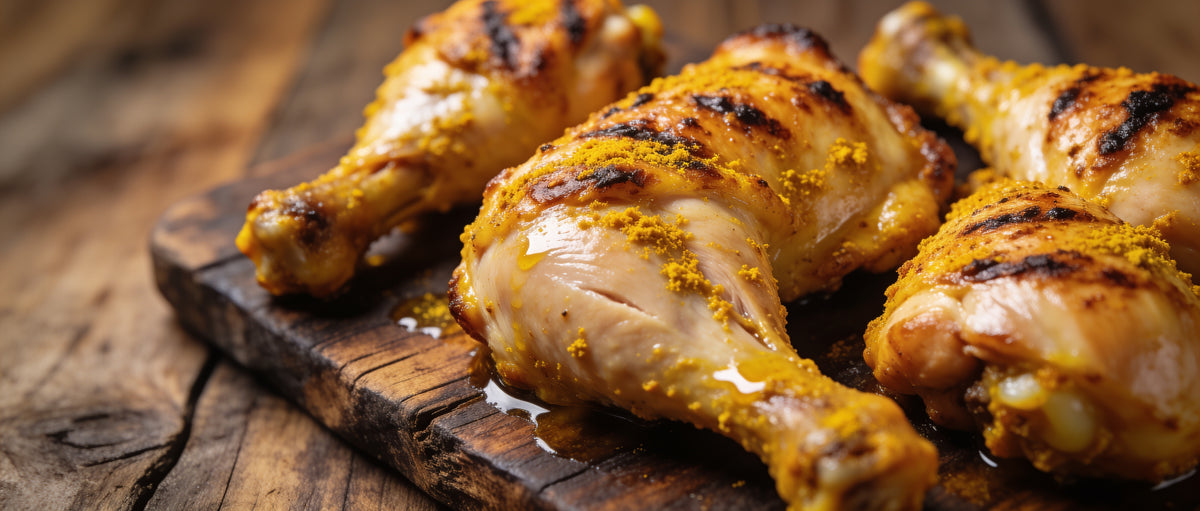 Smokes Seasoning Pork-Poultry BBQ Rub beside golden rotisserie chicken glistening with steam, pork and chicken rub