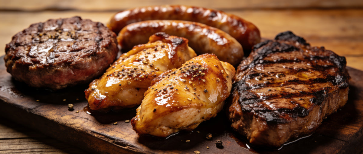 Smokes Seasoning The Standard all-purpose BBQ Rub beside sausages, burgers and steaks searing on a backyard grill