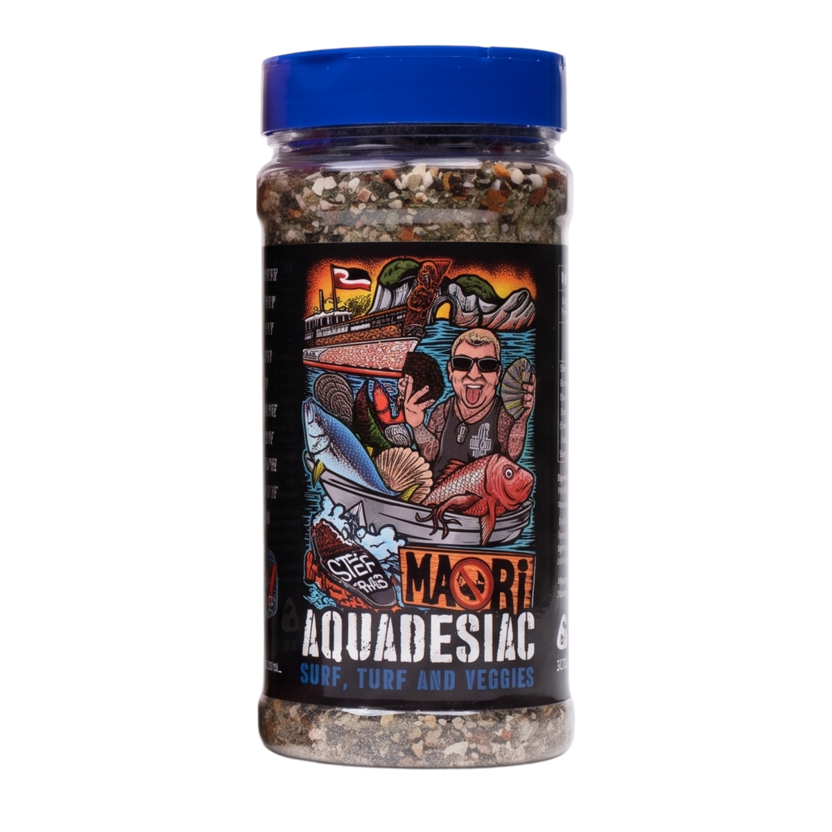 Stef the Maori Aquadesiac 220g surf, turf and veggies seasoning, front of shaker, high-resolution
