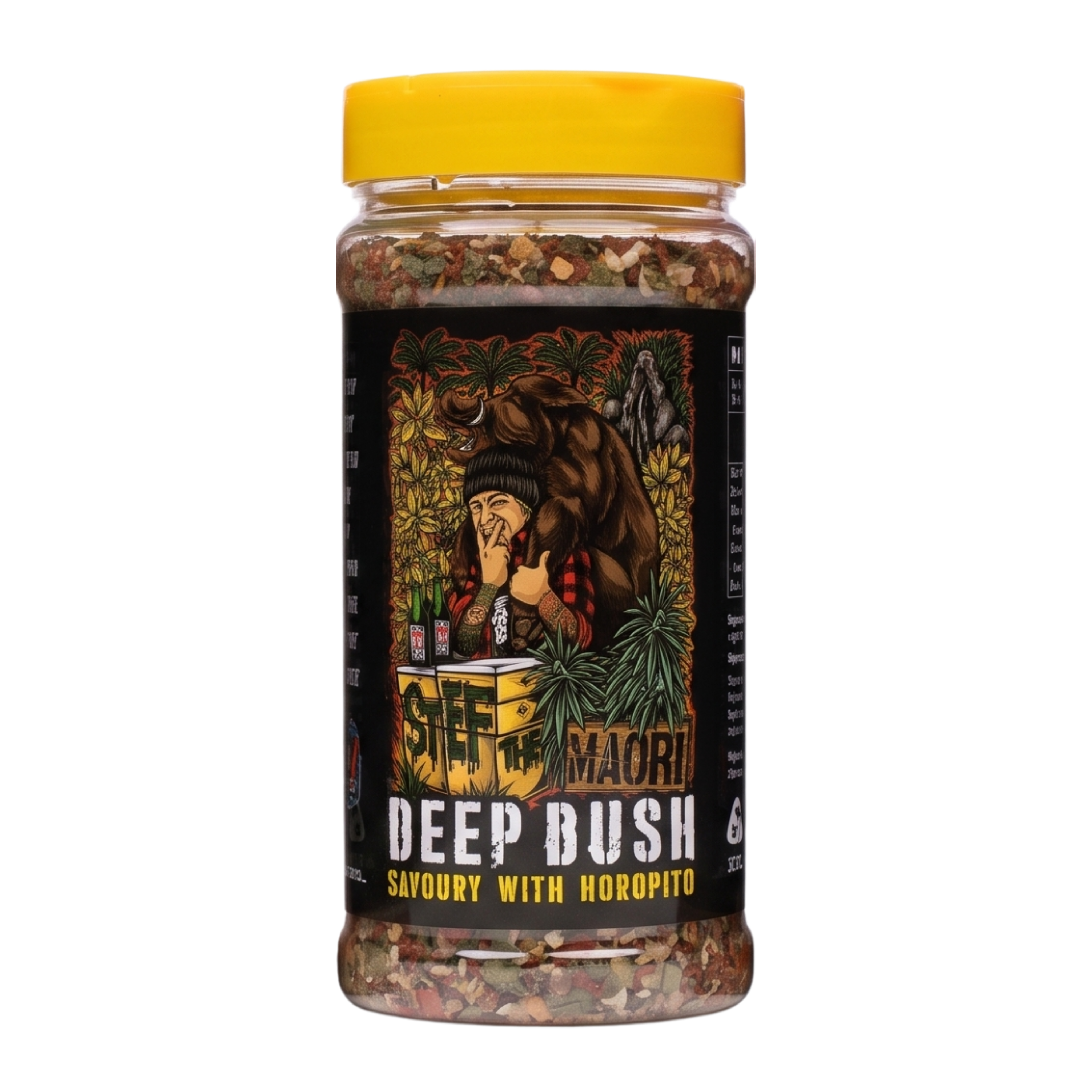 Stef the Maori Deep Bush 200g savoury with horopito seasoning, front of shaker, high-resolution