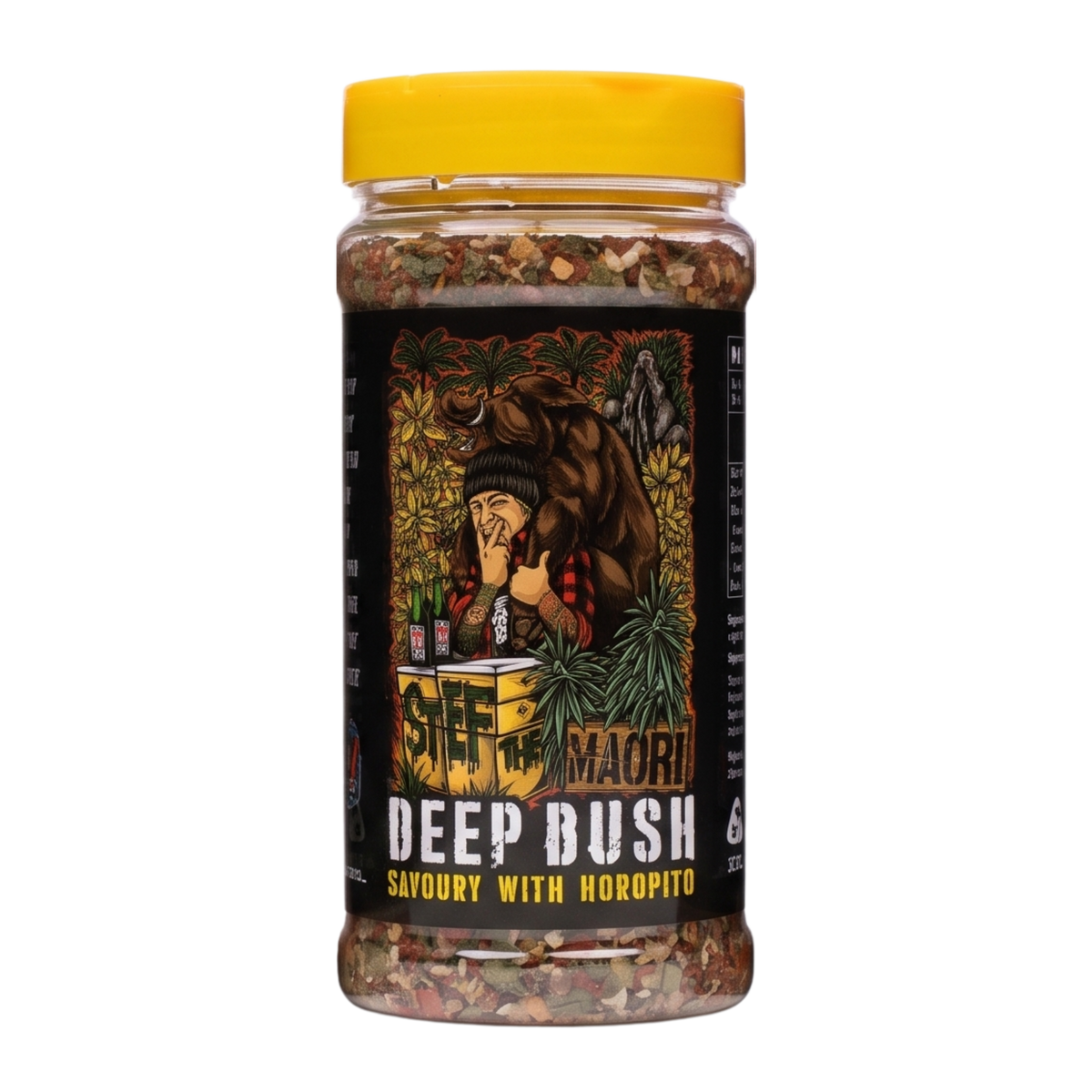 Stef the Maori Deep Bush 200g savoury with horopito seasoning, front of shaker, high-resolution