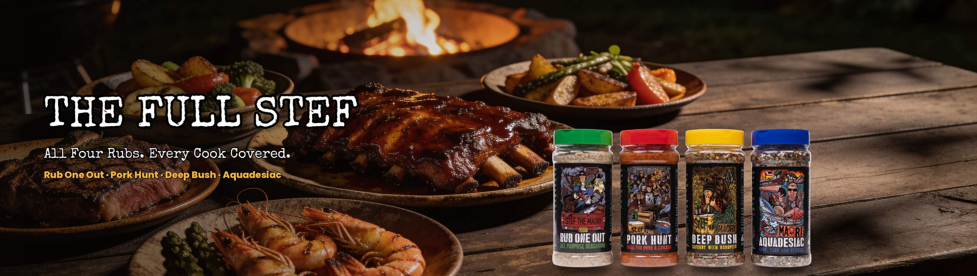 Stef the Maori The Full Stef bundle banner — all four seasonings lined up beside a backyard barbecue feast spread