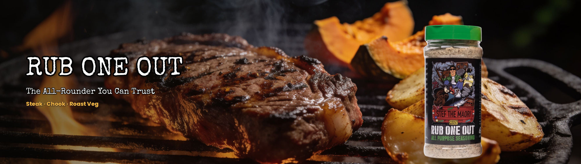 Stef the Maori Rub One Out All Purpose Seasoning 240g banner — thick scotch fillet steak searing over an open flame grill