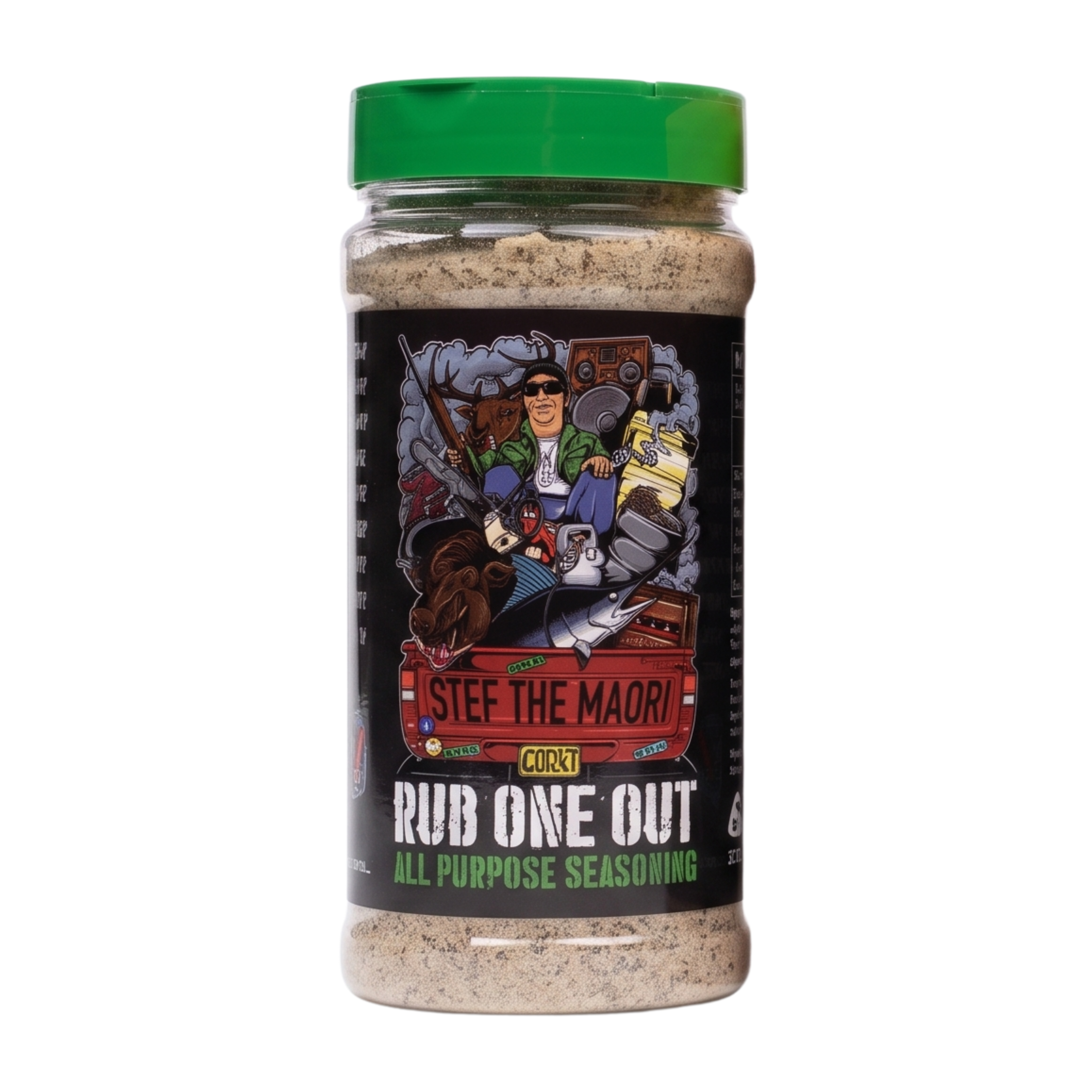 Stef the Maori Rub One Out 240g all purpose seasoning, front of shaker, high-resolution