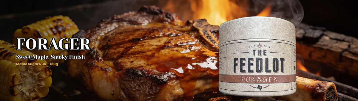 The Feedlot Forager Rub 180g banner — maple-glazed pork chop with grilled corn over fire