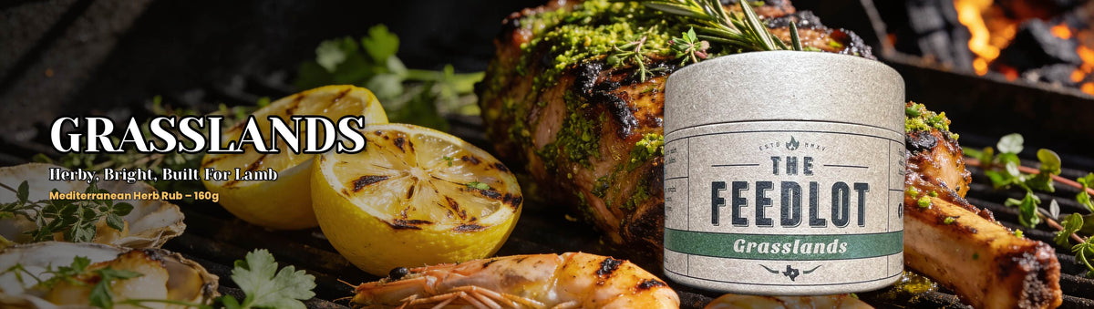 The Feedlot Grasslands Rub 160g banner — herb-crusted lamb with grilled prawns and lemon