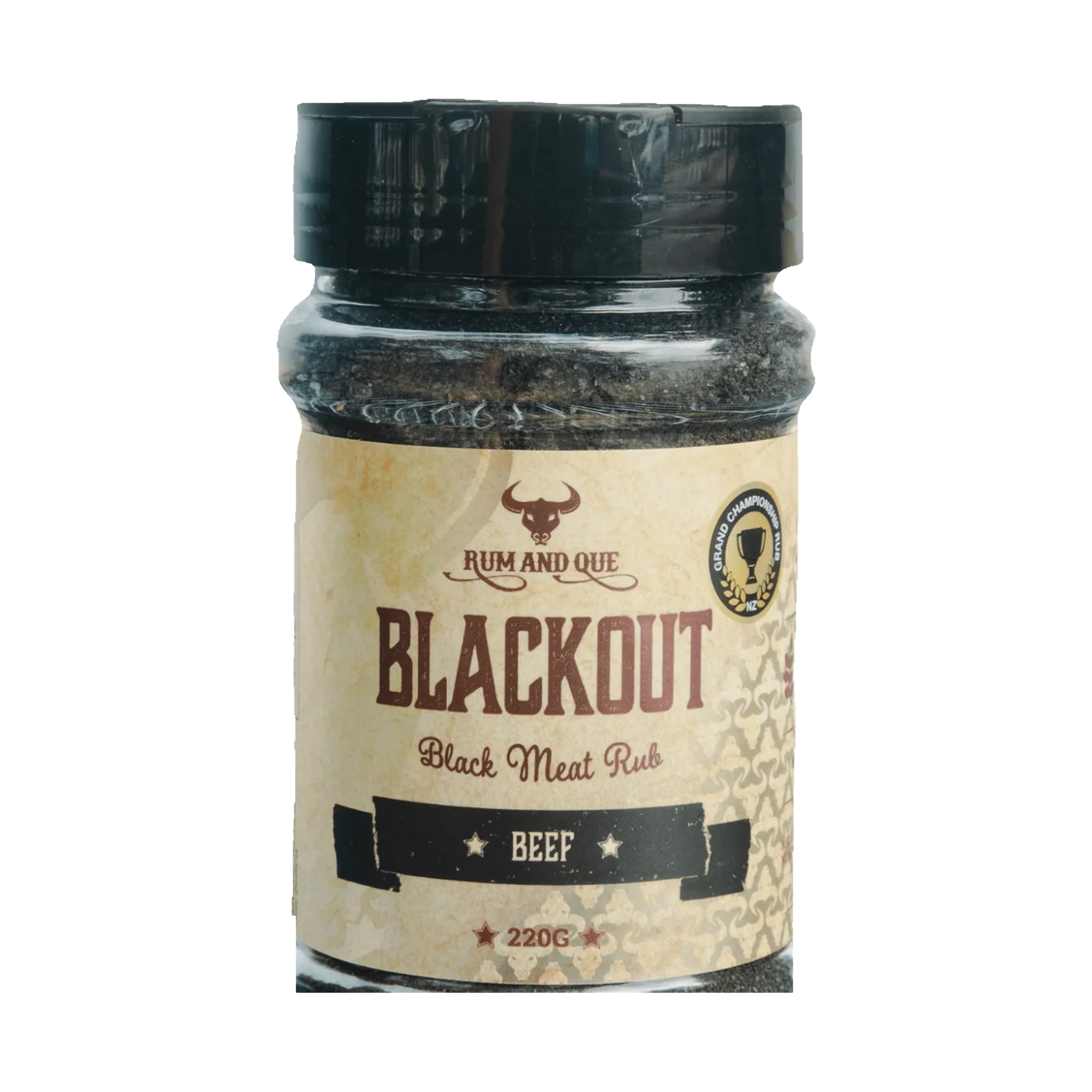 Rum and Que Blackout beef rub 220g, front of shaker on transparent background