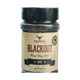 Rum and Que Blackout beef rub 220g, front of shaker on transparent background