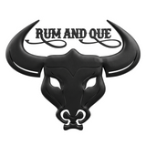 Rum and Que barbecue brand logo, horned bull's head over a scrolled wordmark, black on transparent background