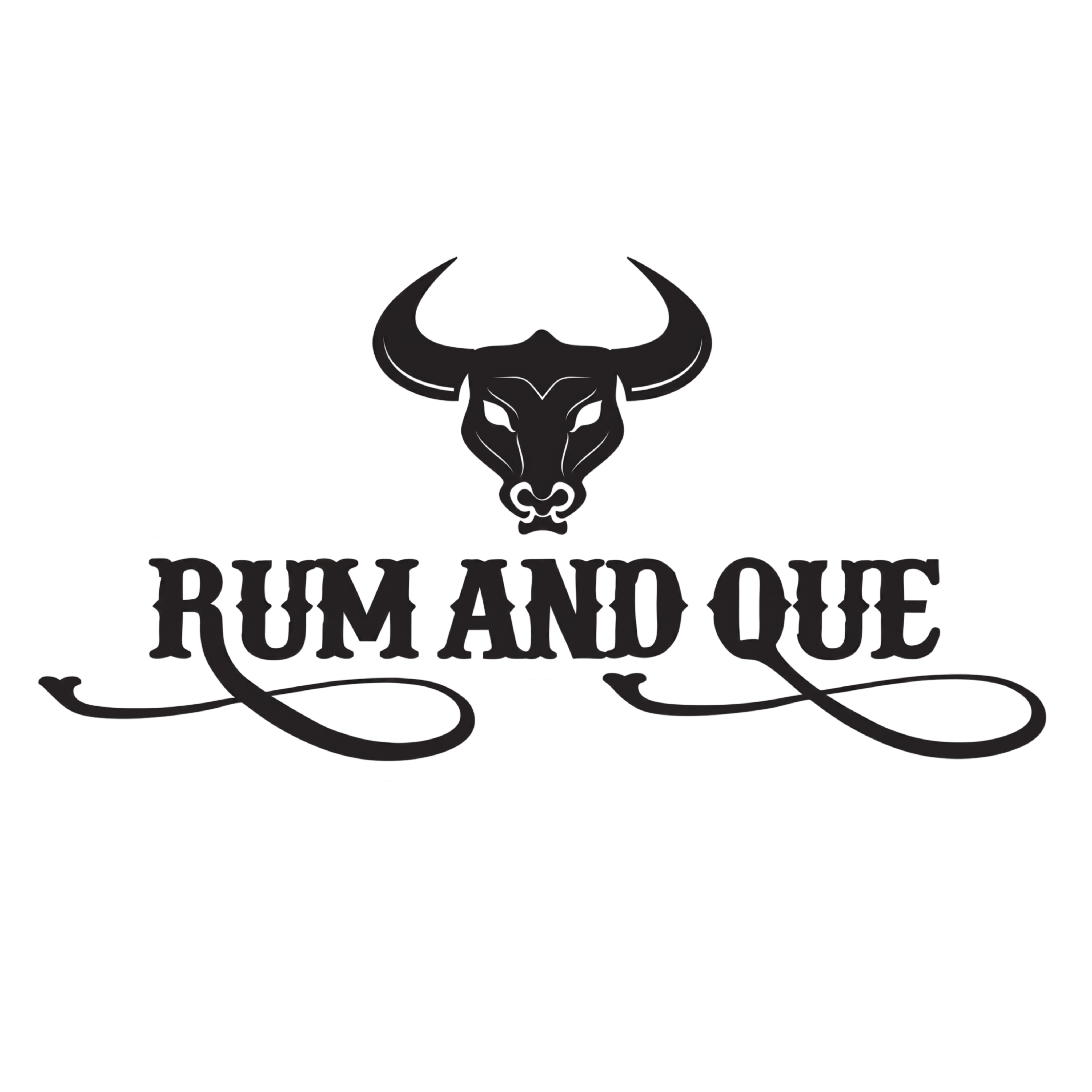 Rum and Que barbecue brand logo, black bull skull emblem, on transparent background