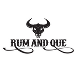 Rum and Que barbecue brand logo, black bull skull emblem, on transparent background