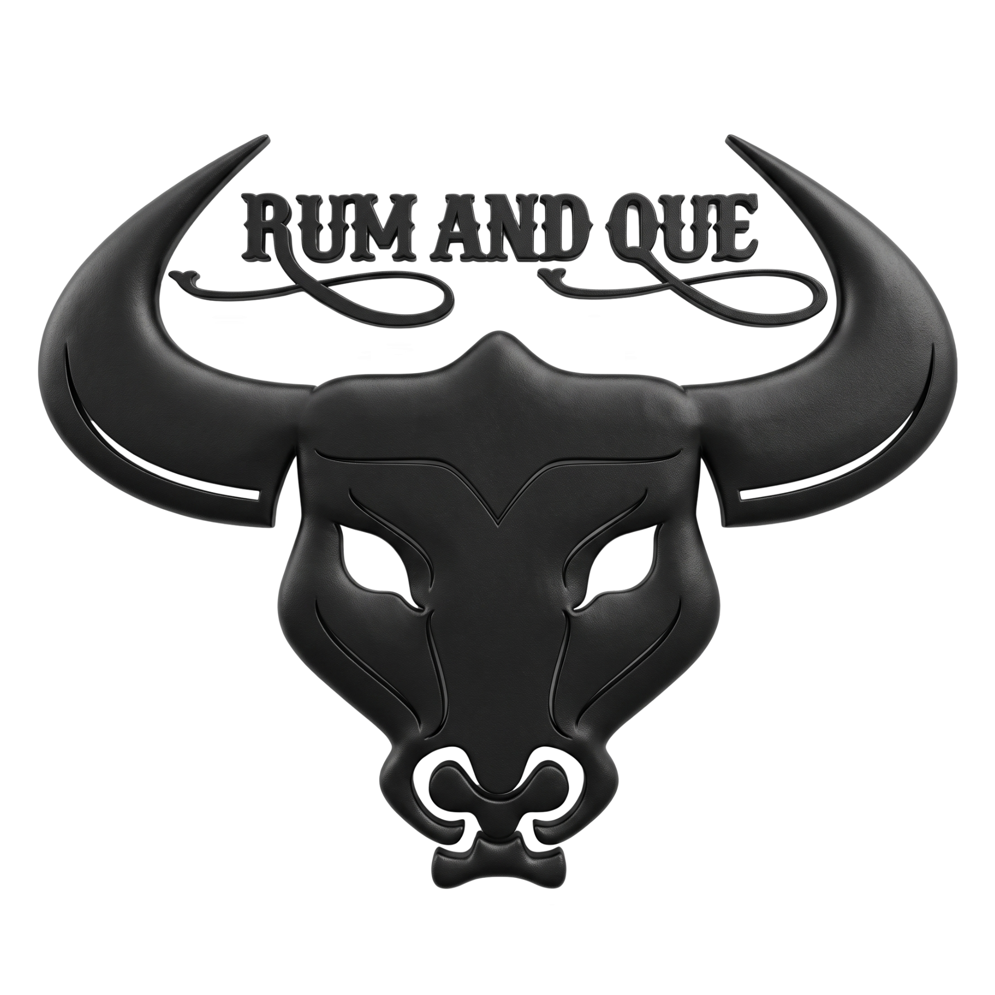Rum and Que barbecue brand logo, horned bull's head over a scrolled wordmark, black on transparent background