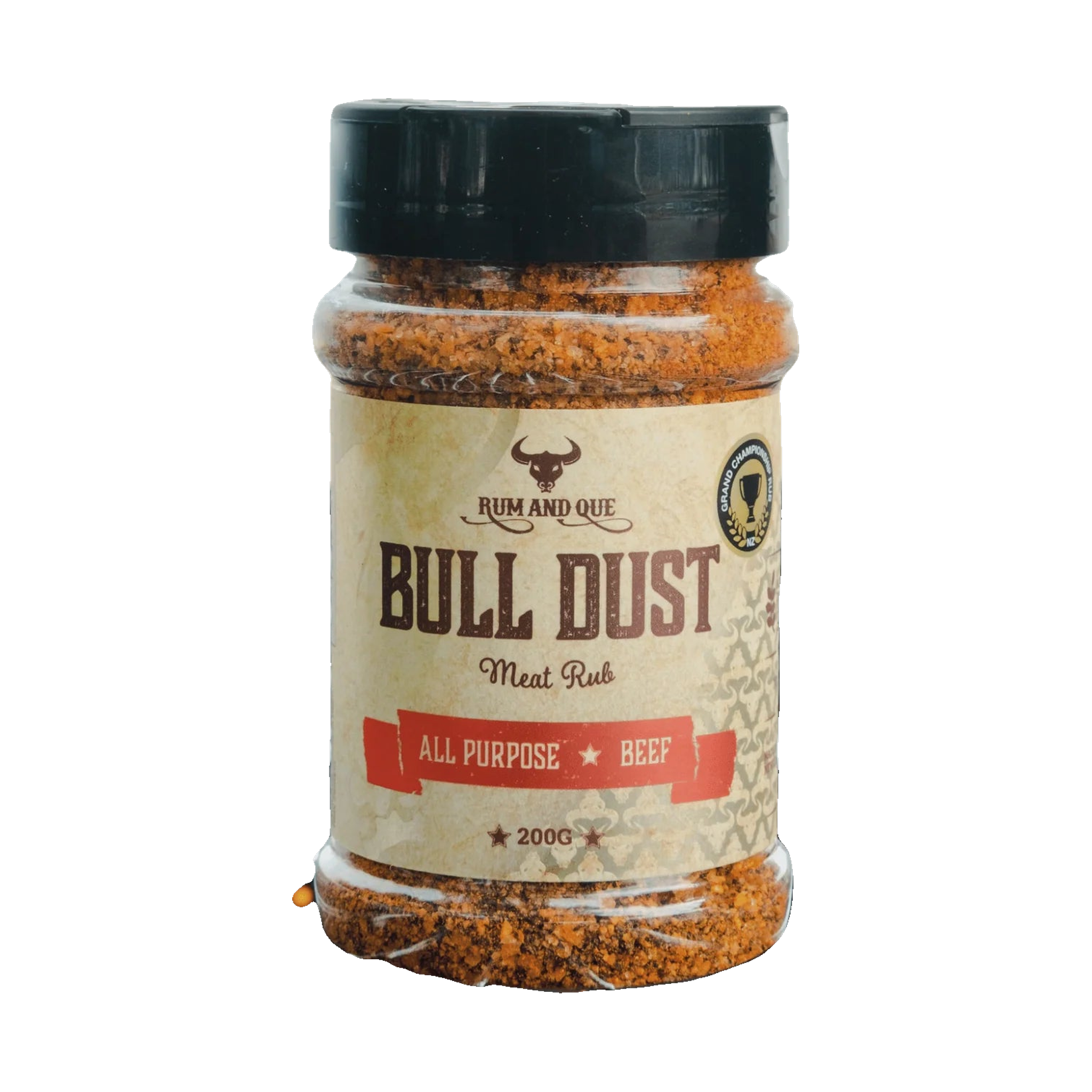 Rum and Que Bull Dust all purpose beef rub 200g, front of shaker on transparent background