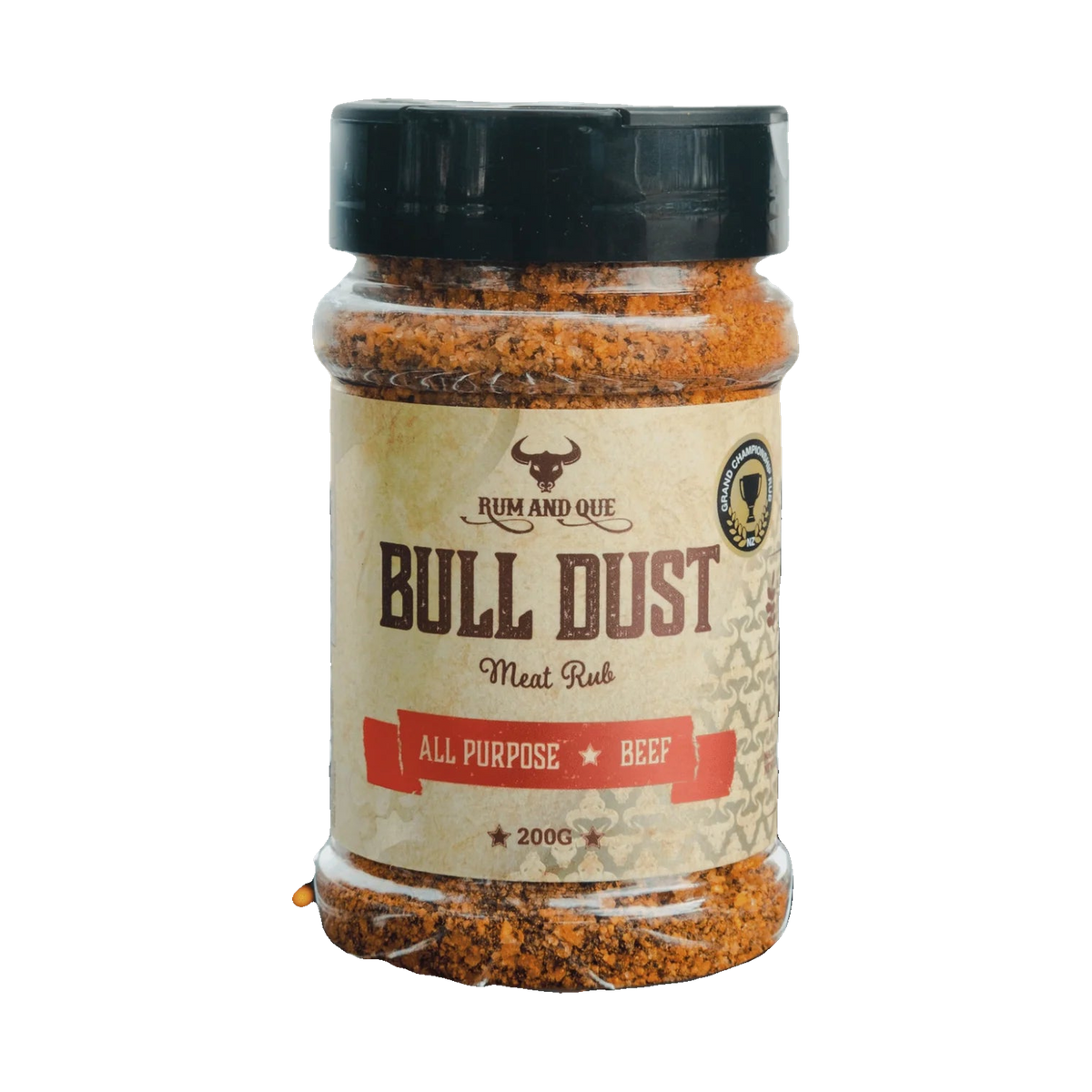 Rum and Que Bull Dust all purpose beef rub 200g, front of shaker on transparent background