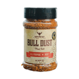 Rum and Que Bull Dust all purpose beef rub 200g, front of shaker on transparent background