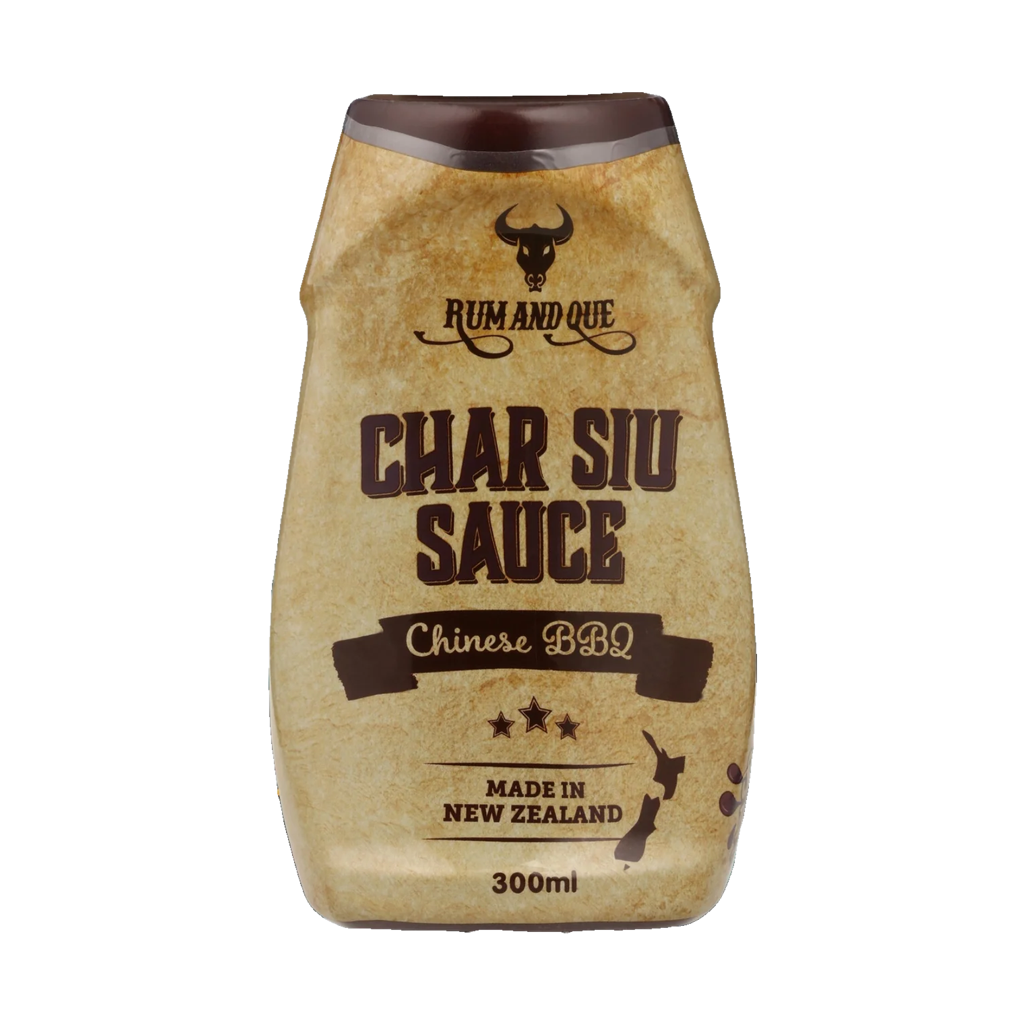 Rum and Que Char Siu Chinese BBQ sauce 300ml, front of bottle on transparent background