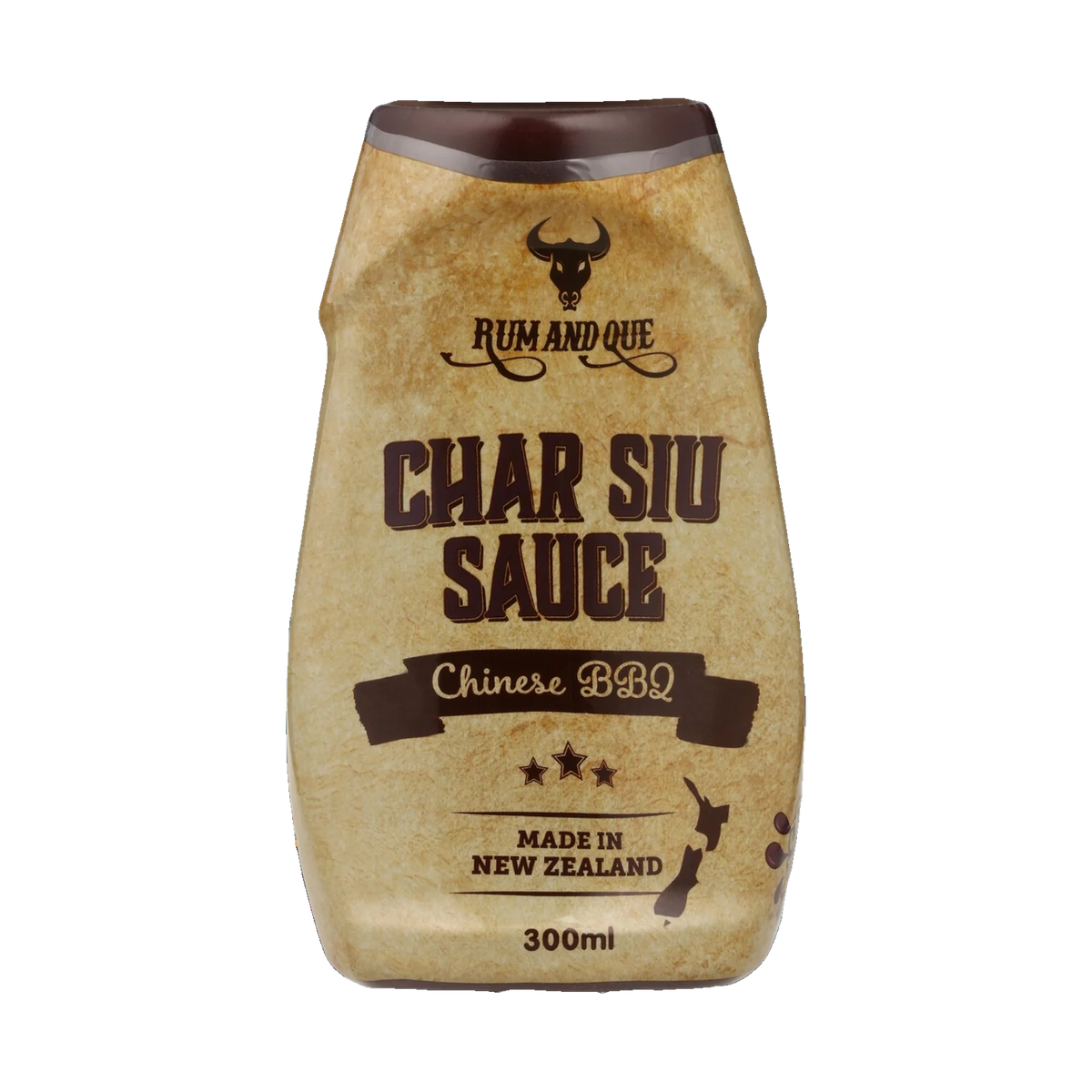 Rum and Que Char Siu Chinese BBQ sauce 300ml, front of bottle on transparent background
