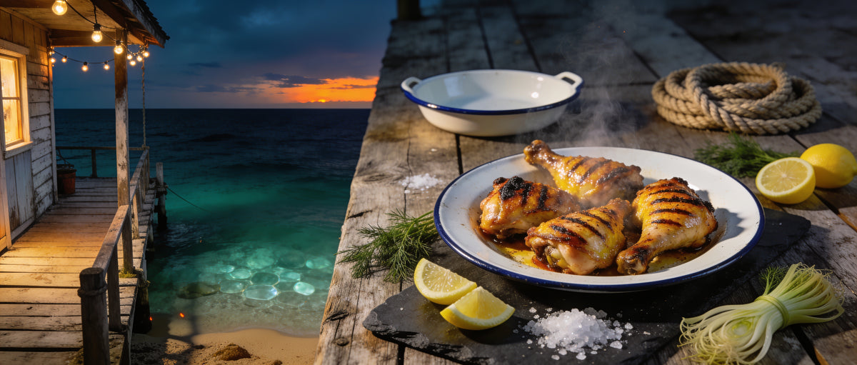 Rum and Que Dirty Bird BBQ Chicken banner — smoky grilled chicken drumsticks on a fish shack deck at dusk