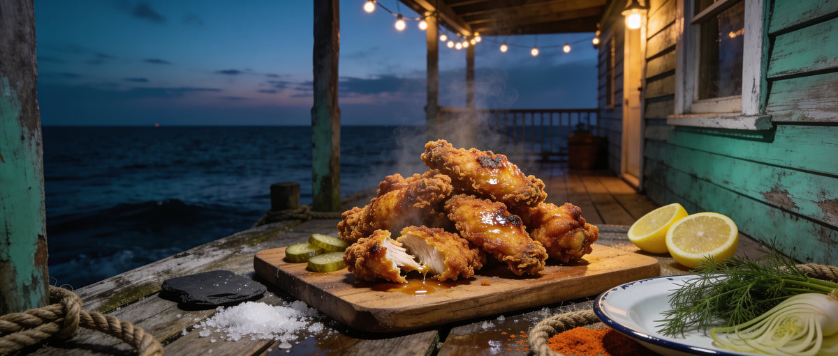 Rum and Que Dirty Bird Nashville Fried Chicken Seasoning banner — crispy fried chicken with pickles
