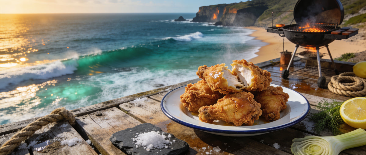 Rum and Que Dirty Bird Fried Chicken Seasoning banner — golden southern-fried chicken on a clifftop grill deck