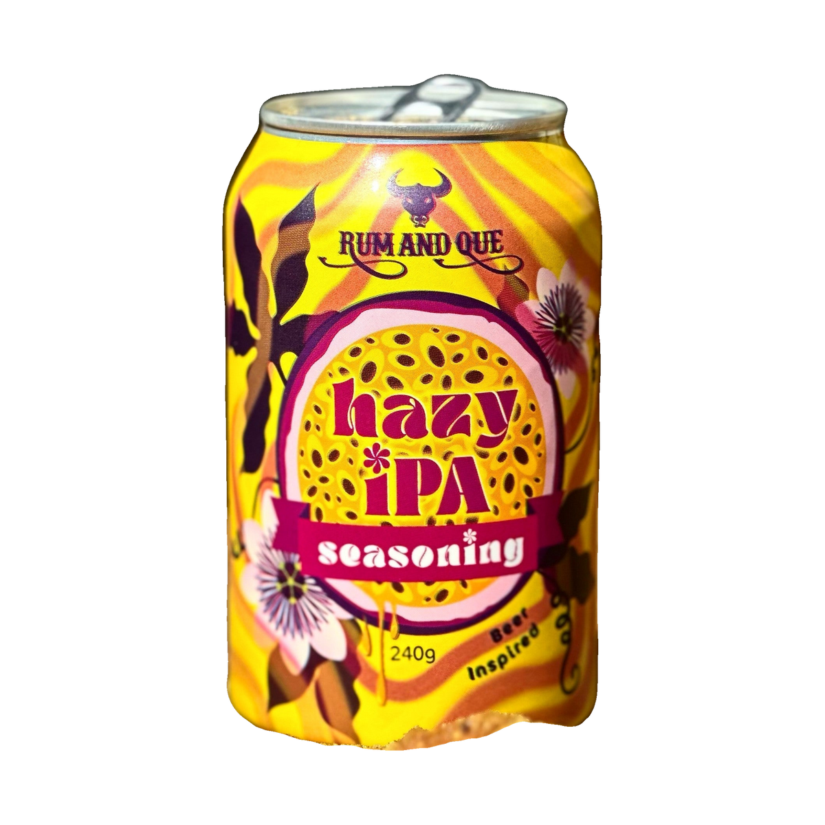 Rum and Que Hazy IPA beer rub 240g, front of can on transparent background
