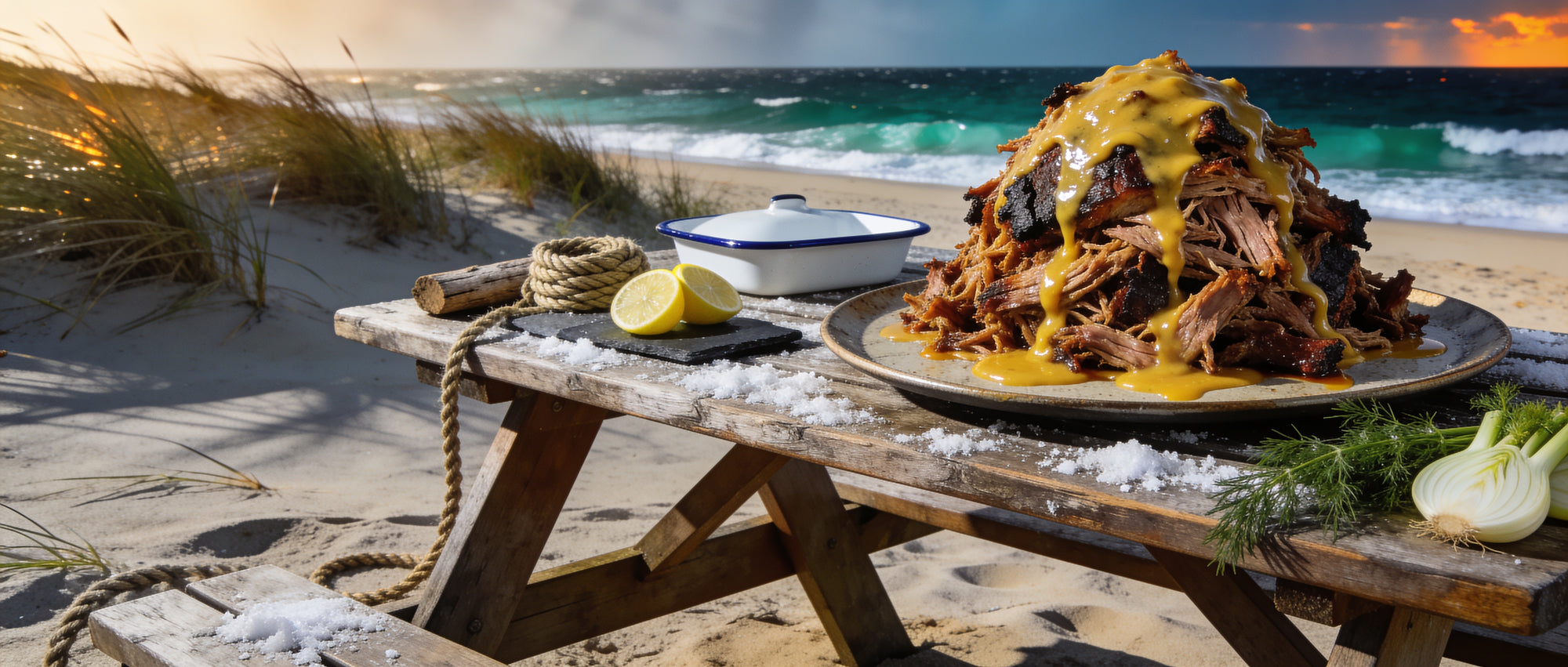 Rum and Que Mustard Sauce banner — pulled pork drizzled with tangy Carolina mustard sauce on a coastal picnic table