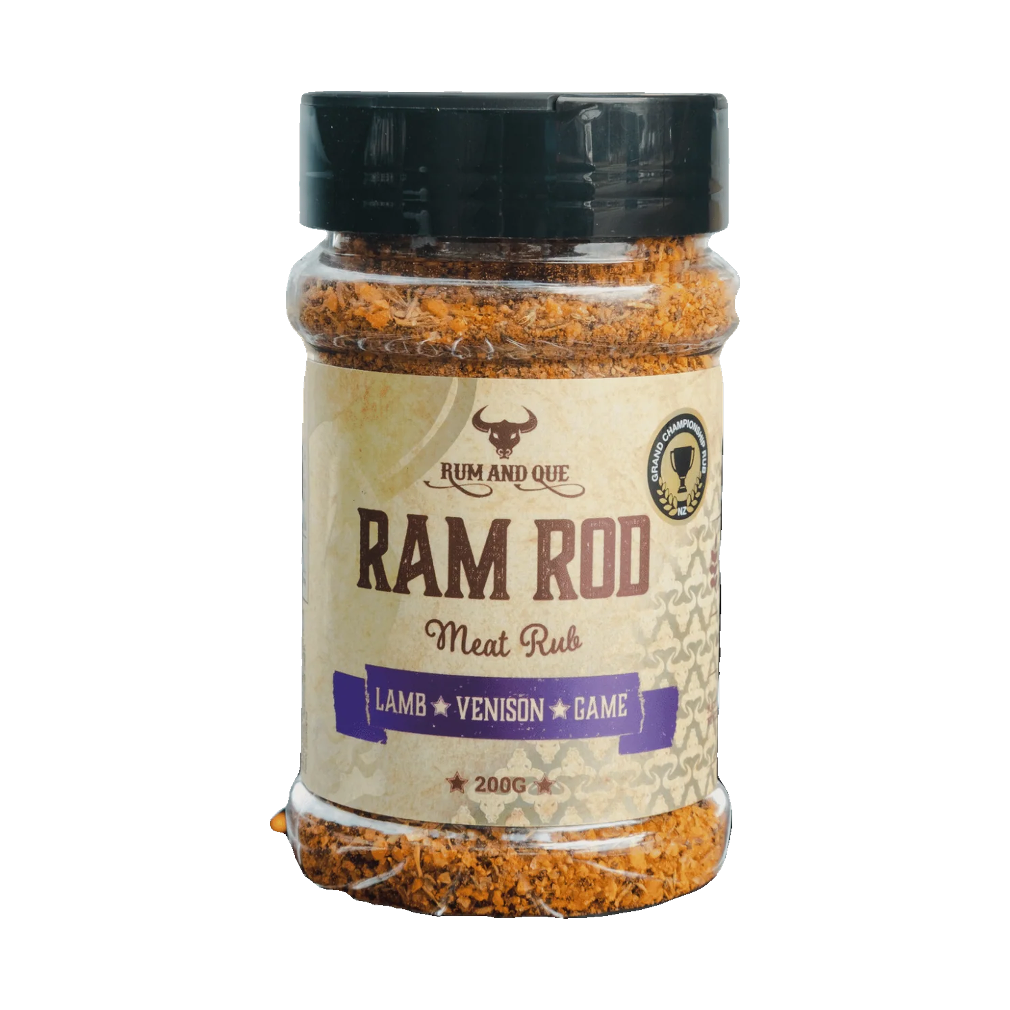 Rum and Que Ram Rod game rub 200g, front of shaker on transparent background