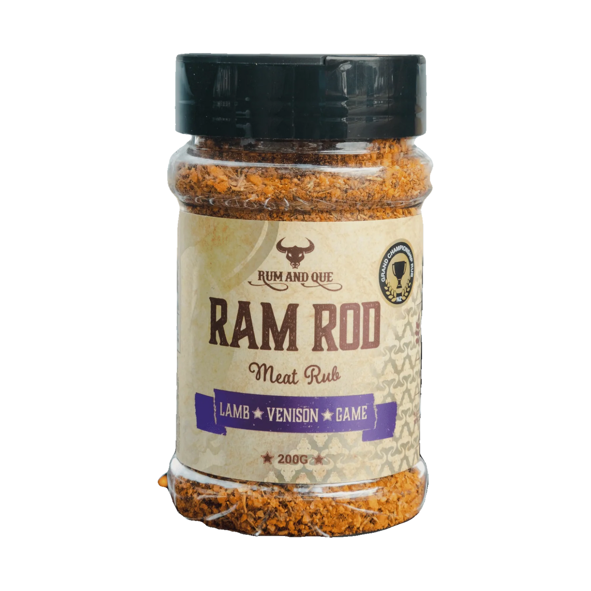 Rum and Que Ram Rod game rub 200g, front of shaker on transparent background