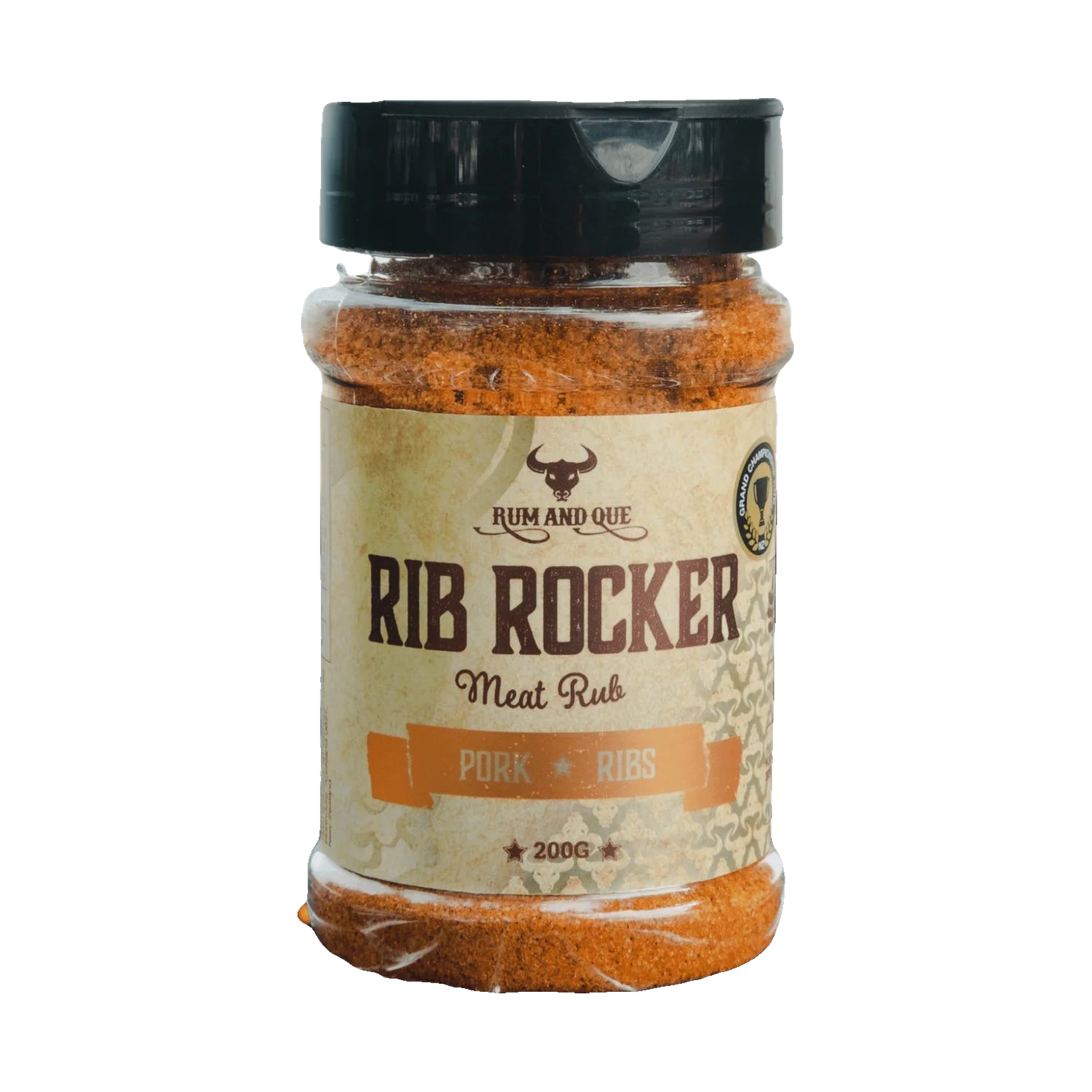 Rum and Que Rib Rocker pork rub 200g, front of shaker on transparent background
