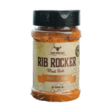 Rum and Que Rib Rocker pork rub 200g, front of shaker on transparent background