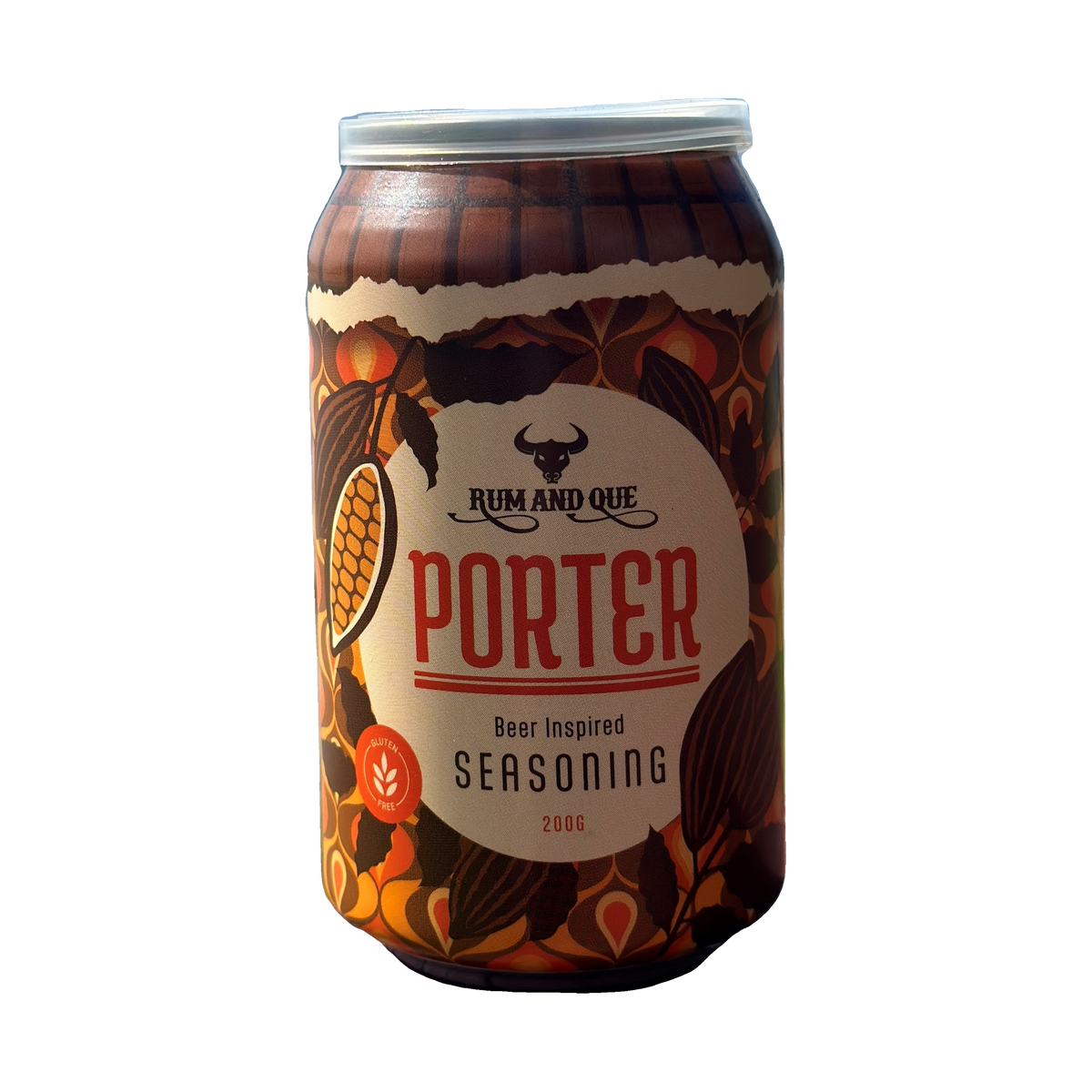 Rum and Que The Porter beer rub, front of jar on transparent background
