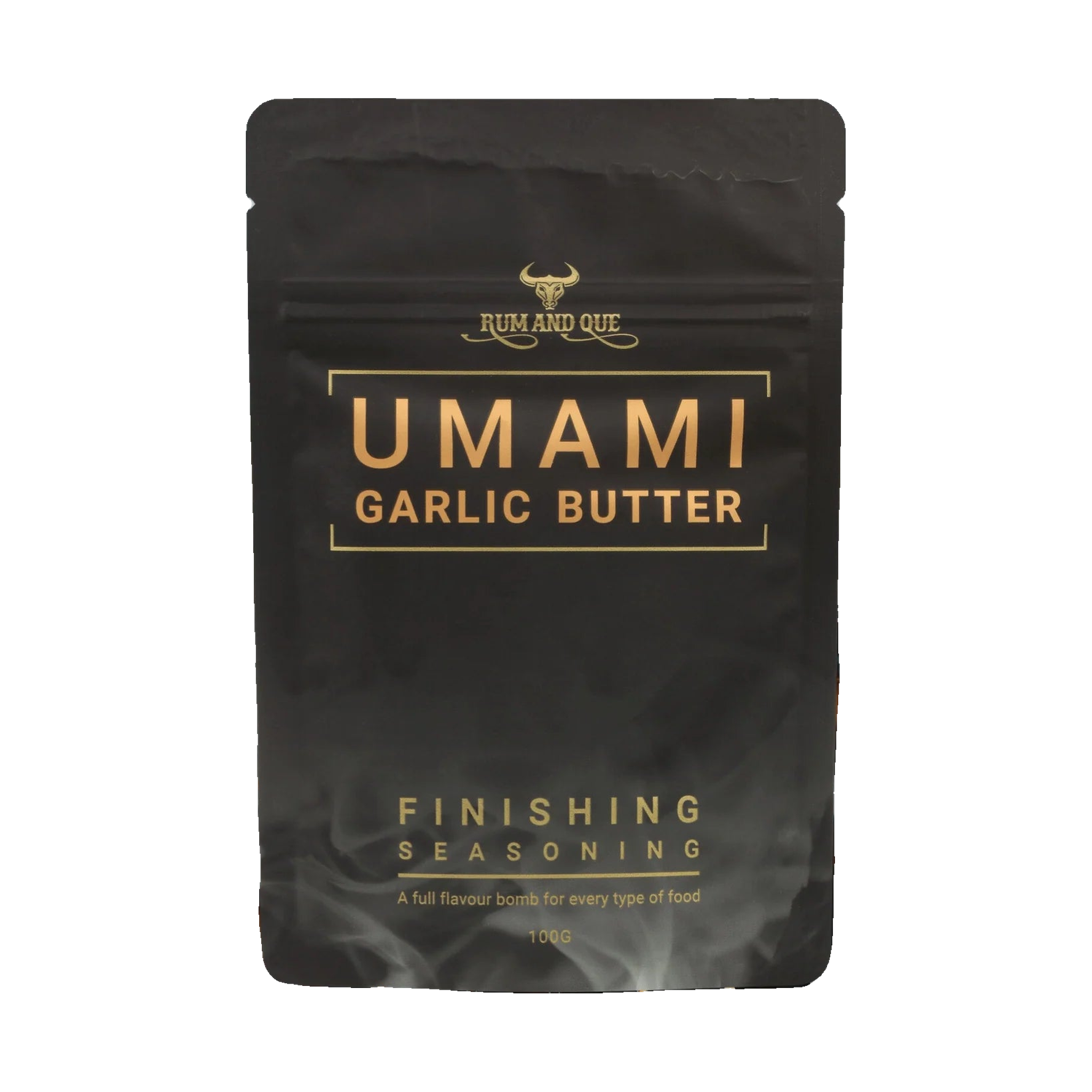 Rum and Que Umami Garlic Butter finishing seasoning 100g, front of pouch on transparent background