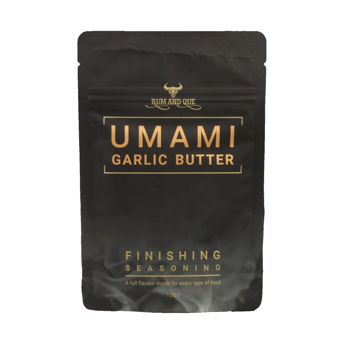 Rum and Que Umami Garlic Butter finishing seasoning 100g, front of pouch on transparent background